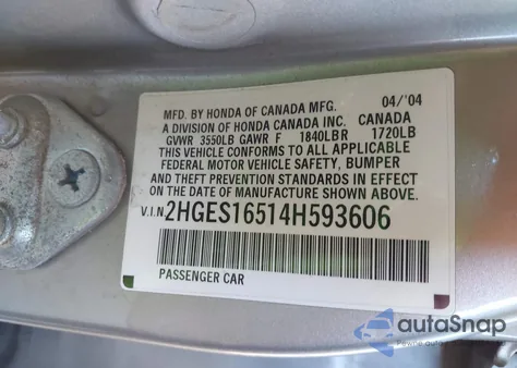 2004 Honda Civic Lx из США, поврежденный, VIN 2HGES16514H593606